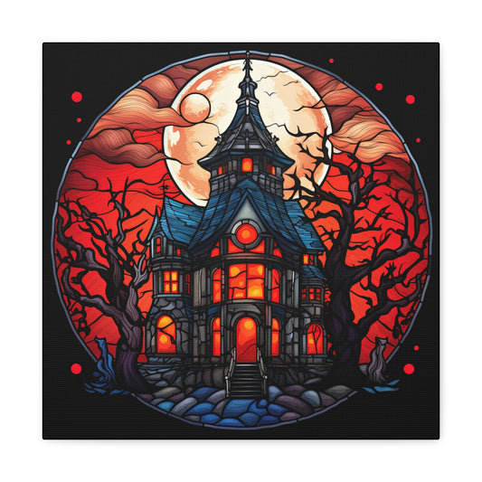 Halloween Stained Glass Canvas - Red Mystery Mansion Canvas Art