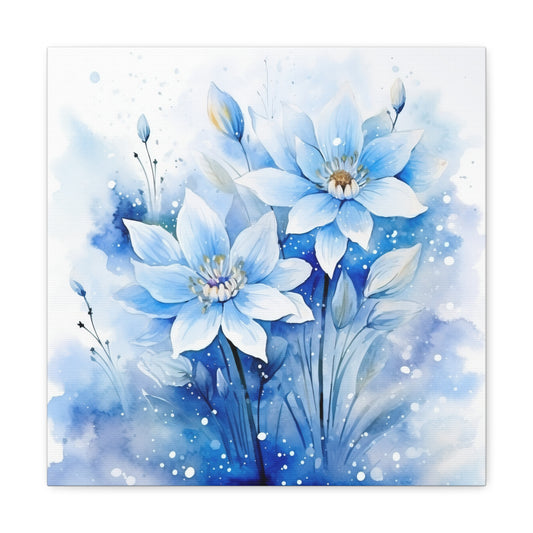 Winter Wonder in Blue Canvas - Blue Flowers in Snow Canvas Decor