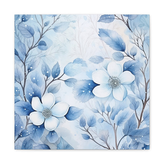 Floral Winter Blue Canvas - Snowy Flowers in Winter Canvas Art