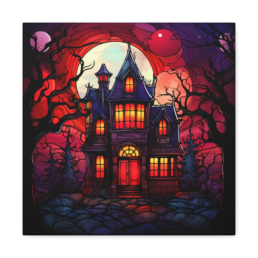 Halloween Stained Glass Canvas - Red Full Moon Halloween Mansion Canvas