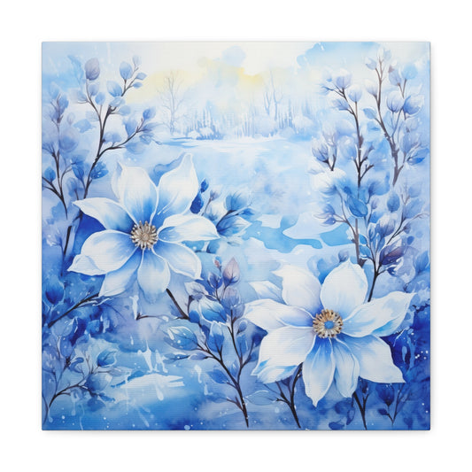 Icy Blue Floral Canvas Art - Frozen Floral in Blue Canvas Wall Hanging