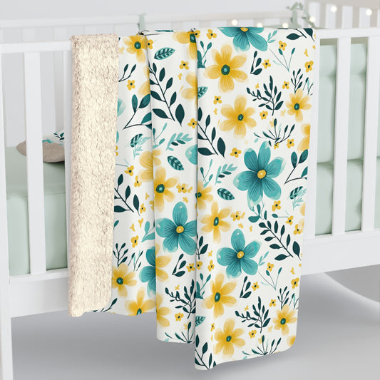 Yellow and Teal Floral Sherpa Blanket - Teal Floral Sherpa Blanket