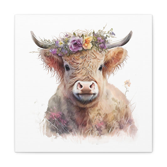 Butterscotch Highland Cow Canvas - Floral Cow Wall Art Canvas