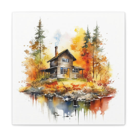Watercolor Fall Landscape Canvas - Autumn Log Cabin Canvas