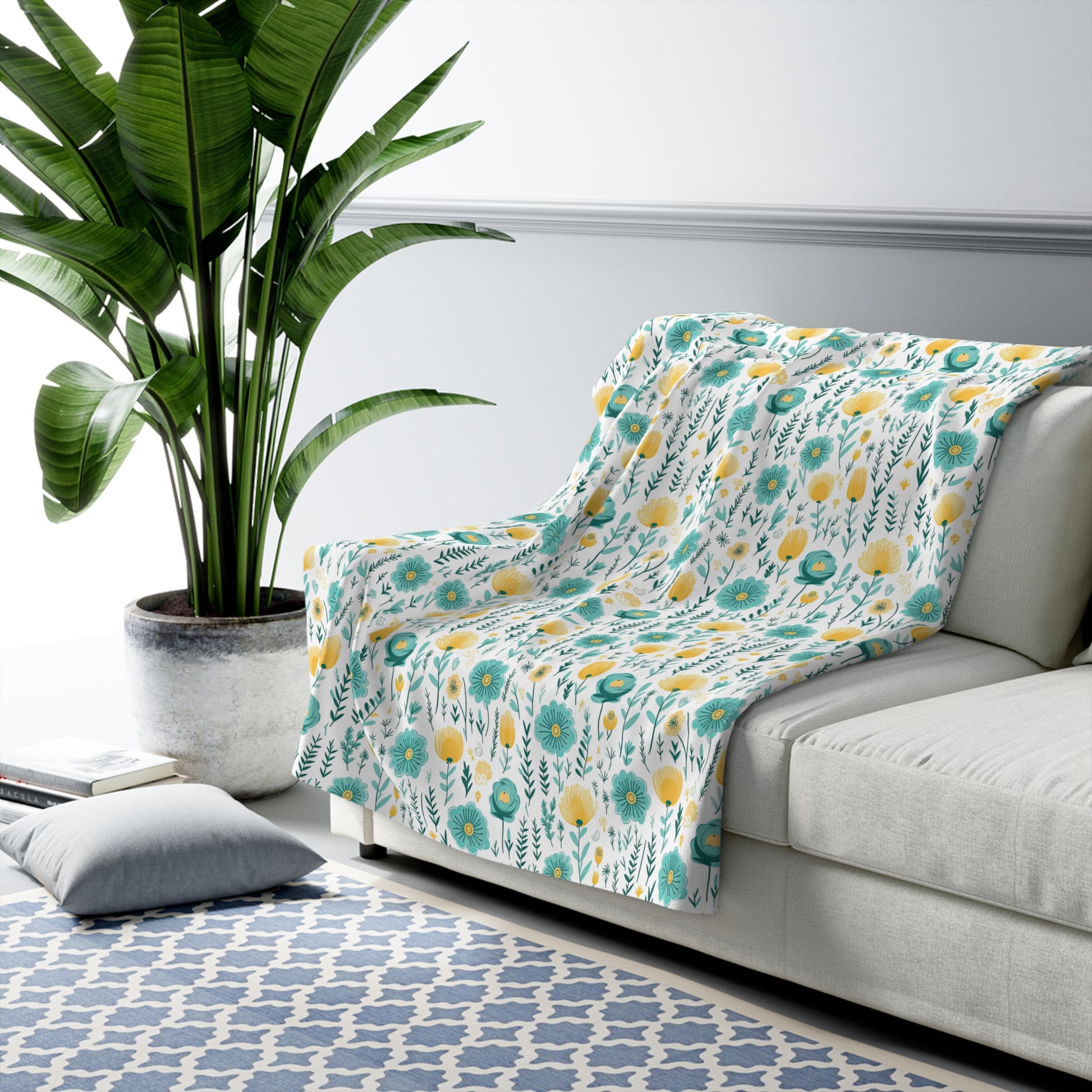 Floral Sherpa Fleece Blanket - Teal and Yellow Sherpa Blanket
