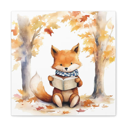 Fox Reading Book Watercolor Canvas - Baby Fox Art Canvas