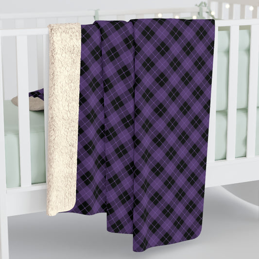 dark purple plaid sherpa blanket, dark purple plaid fleece blanket, halloween dark purple sherpa 