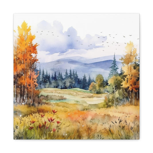Watercolor Fall Landscape Canvas - Autumn Mountain Scene Canvas