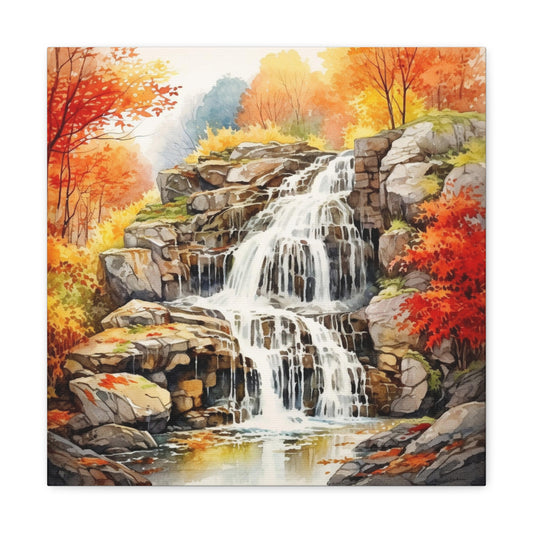 Watercolor Fall Landscape Canvas - Autumn Waterfall Canvas
