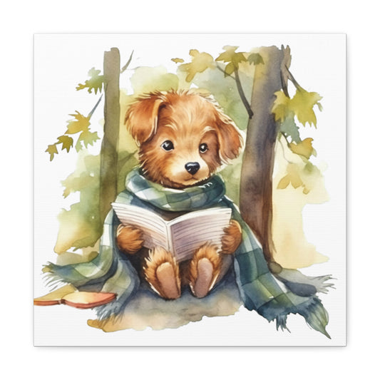 Dog Reading Book Watercolor Canvas - Baby Dog Wall Decor