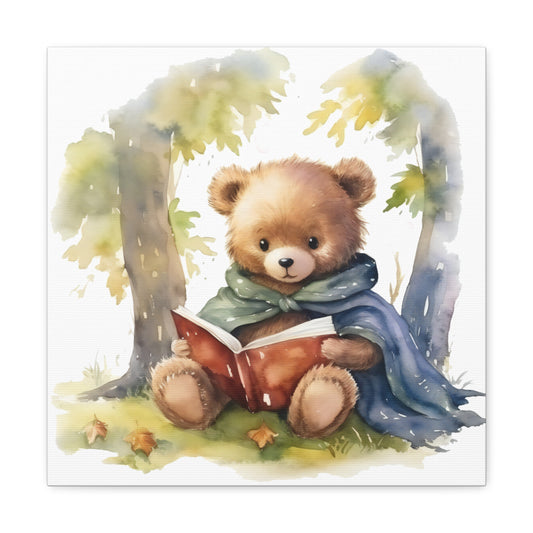 Bear Reading Book Watercolor Canvas - Baby Bear Wall Art