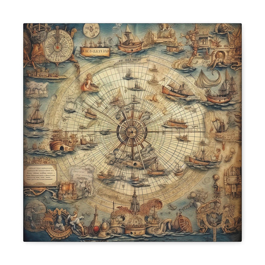 Ornate Maritime Map Canvas Decor - Sea Journey Map Canvas Art