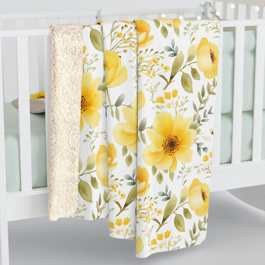 Yellow Floral Sherpa Fleece Blanket - Watercolor Floral Blanket Yellow