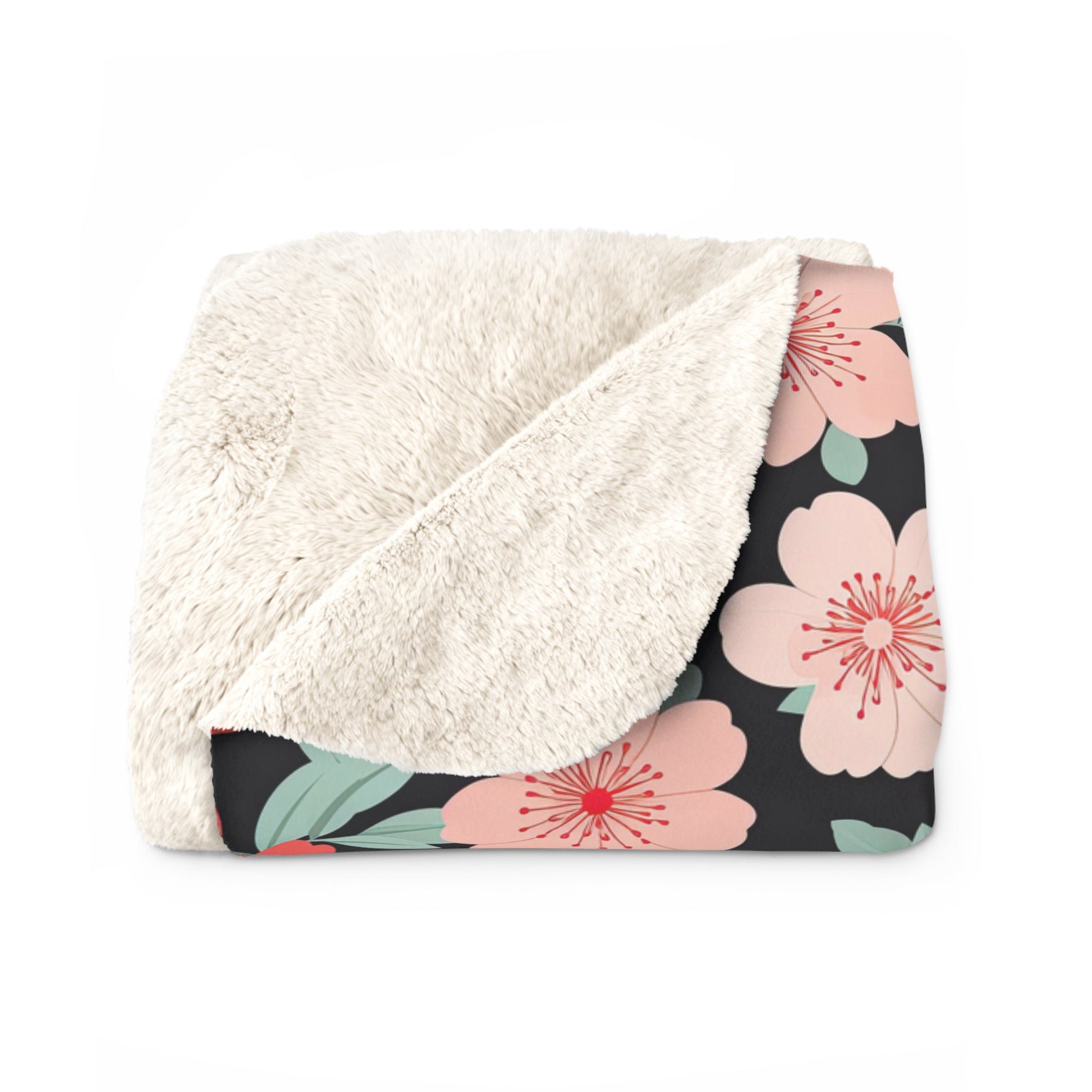 Pink and Red Japanese Floral Sherpa Blanket - Red Floral Sherpa Blanket