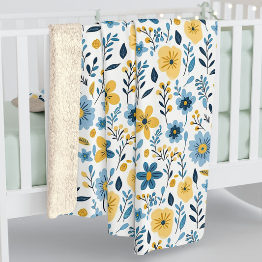 Yellow and Blue Floral Sherpa Blanket - Watercolor Floral Sherpa Blanket