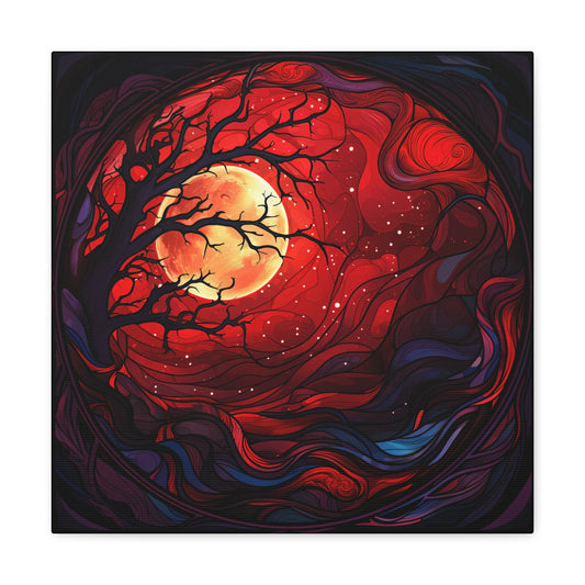 Haunted Stained Glass Canvas - Haunted Red Moon Forest Canvas