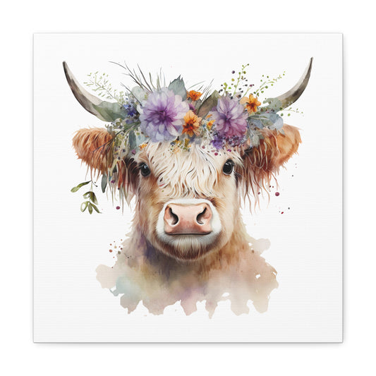 Mumu Highland Cow Canvas - Floral Cow Wall Art Canvas