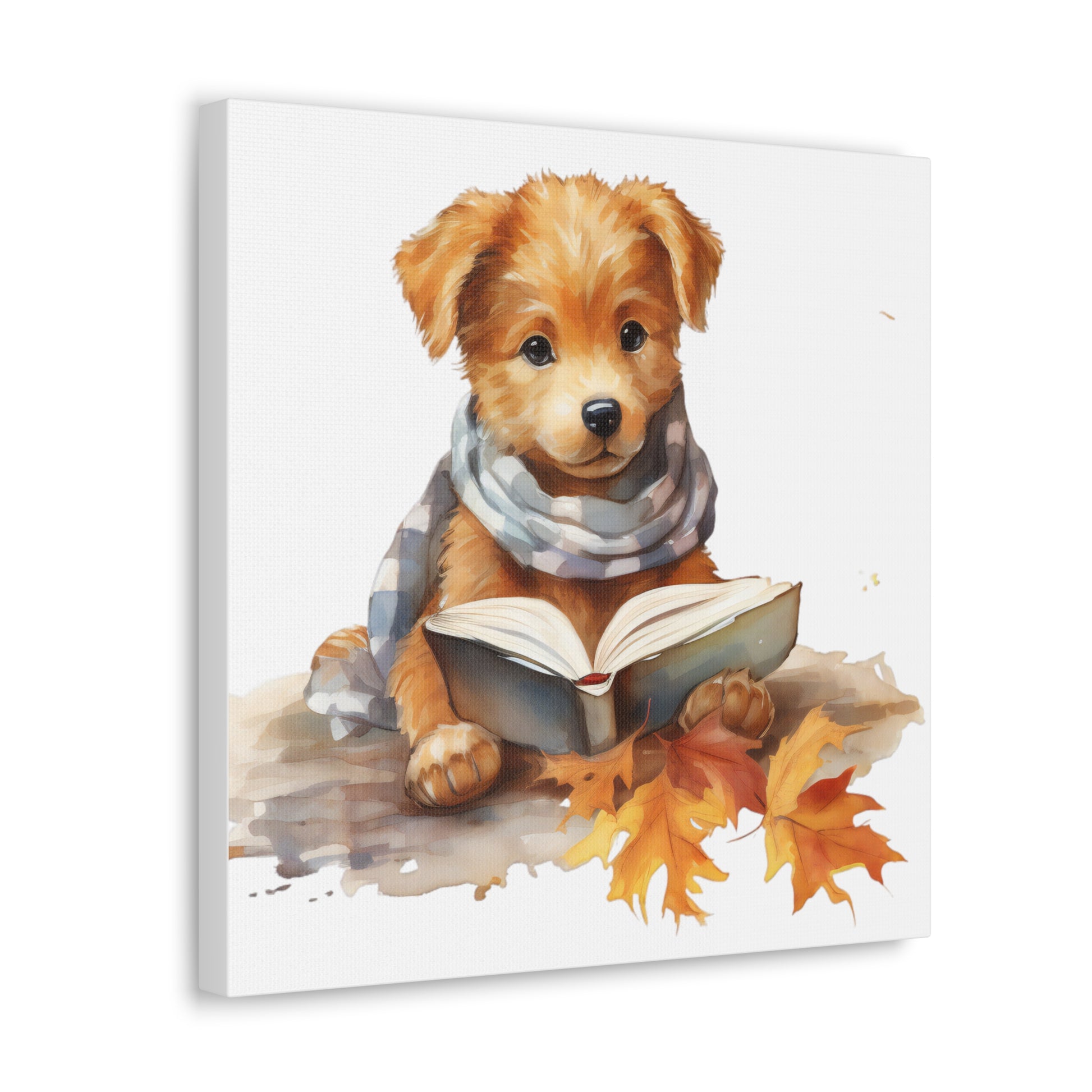 Dog Reading Book Watercolor Canvas - Baby Dog Watercolor Art