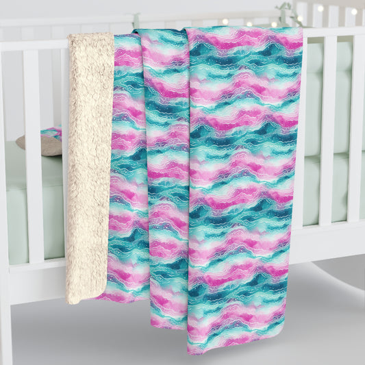 Pink and Teal Ocean Sherpa Blanket - Teal and Pink Waves Blanket