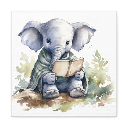 Elephant Reading Book Watercolor Canvas - Baby Elephant Artwork