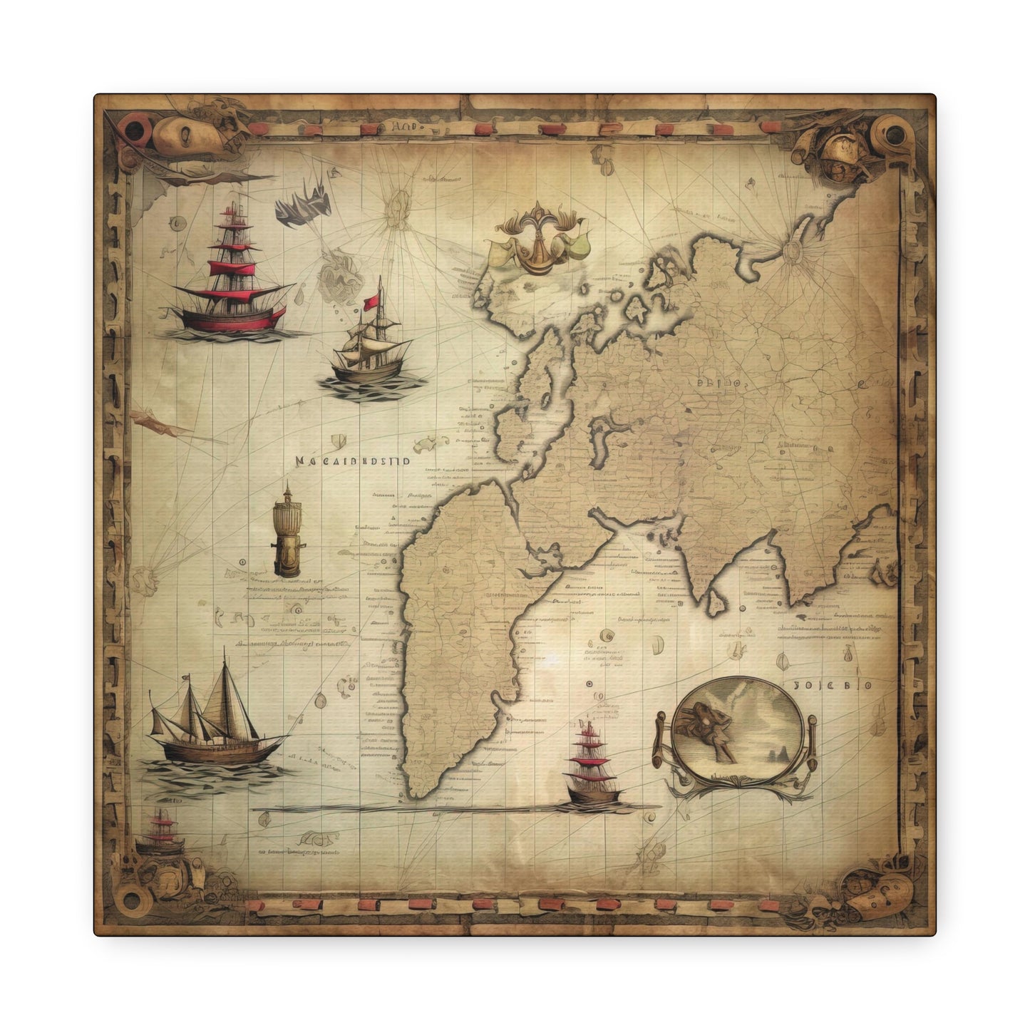 Maritime Vintage Map Canvas Art - Nautical Vintage Map Canvas Decor