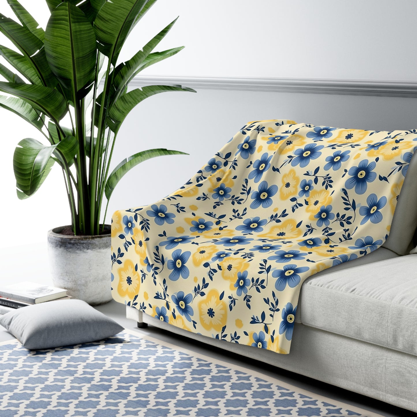 Yellow Watercolor Floral Sherpa - Blue and Yellow Floral Sherpa Blanket