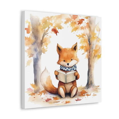 Fox Reading Book Watercolor Canvas - Baby Fox Art Canvas