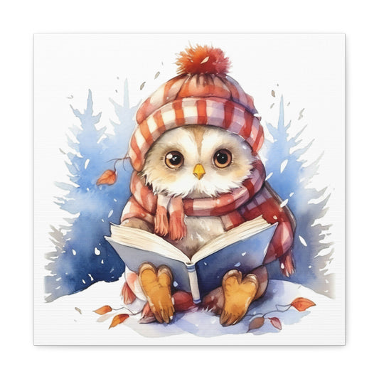 Owl Reading Book Watercolor Canvas - Baby Owl Wall Decor