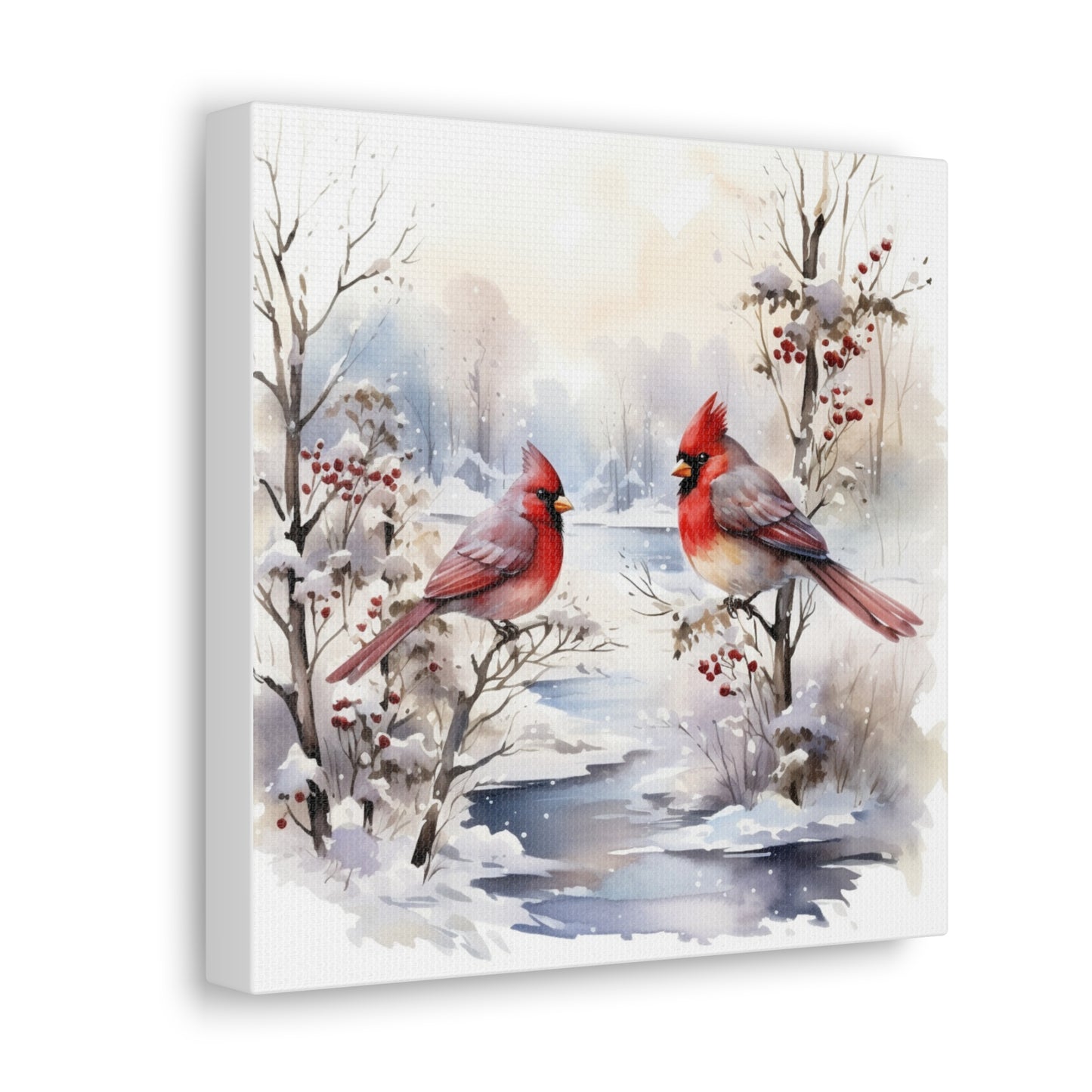 Frozen Lake Red Cardinals Canvas - Winter Red Cardinal Canvas
