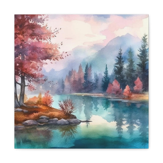 Watercolor Fall Landscape Canvas - Misty Autumn River Canvas