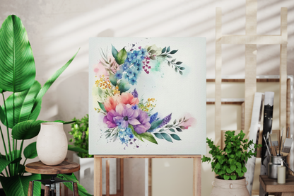 purple and blue floral canvas wall art print, watercolor floral canvas wall decor