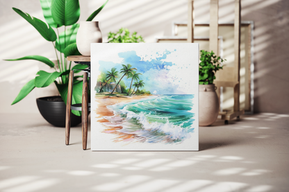 tropical beach canvas wall art, watercolor beach canvas art print