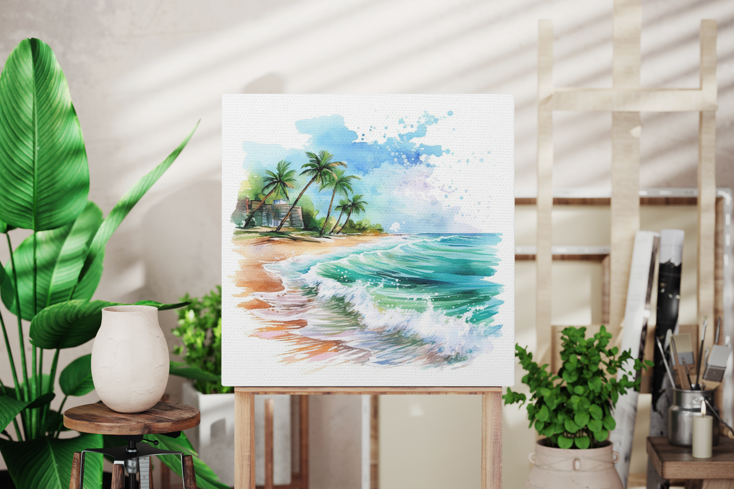 tropical beach canvas wall art, watercolor beach canvas art print