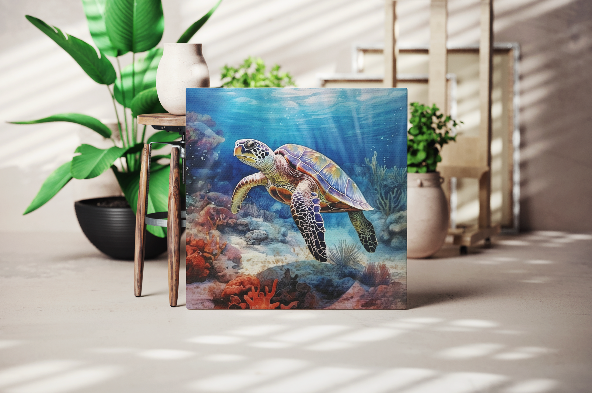 sea turtle ocean animal canvas art, swimming turtle canvas wall decor