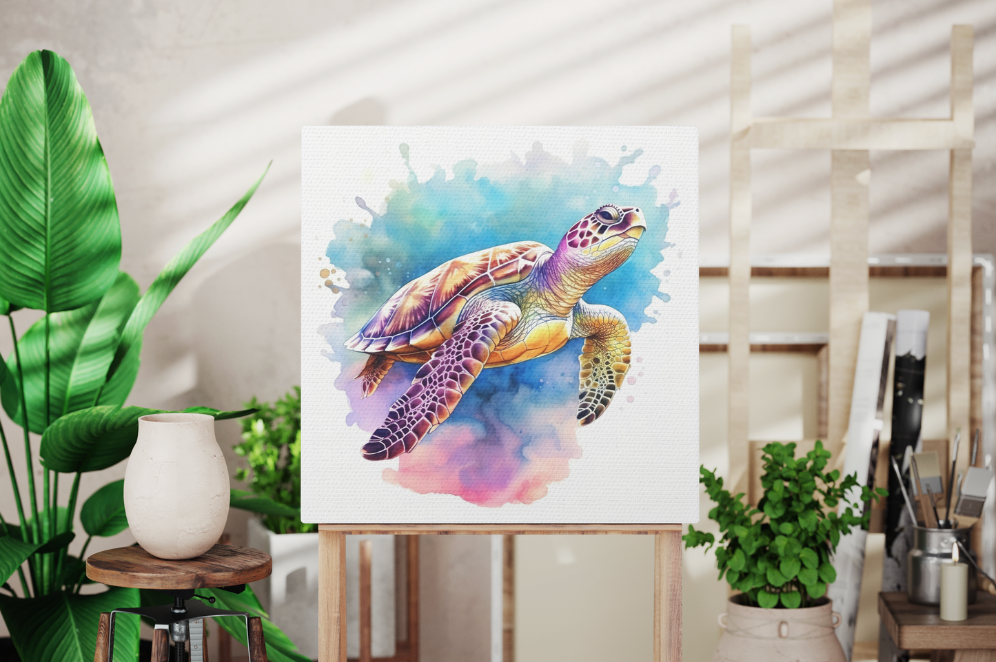 watercolor splash sea turtle canvas wall art print, sea turtle canvas wall decor