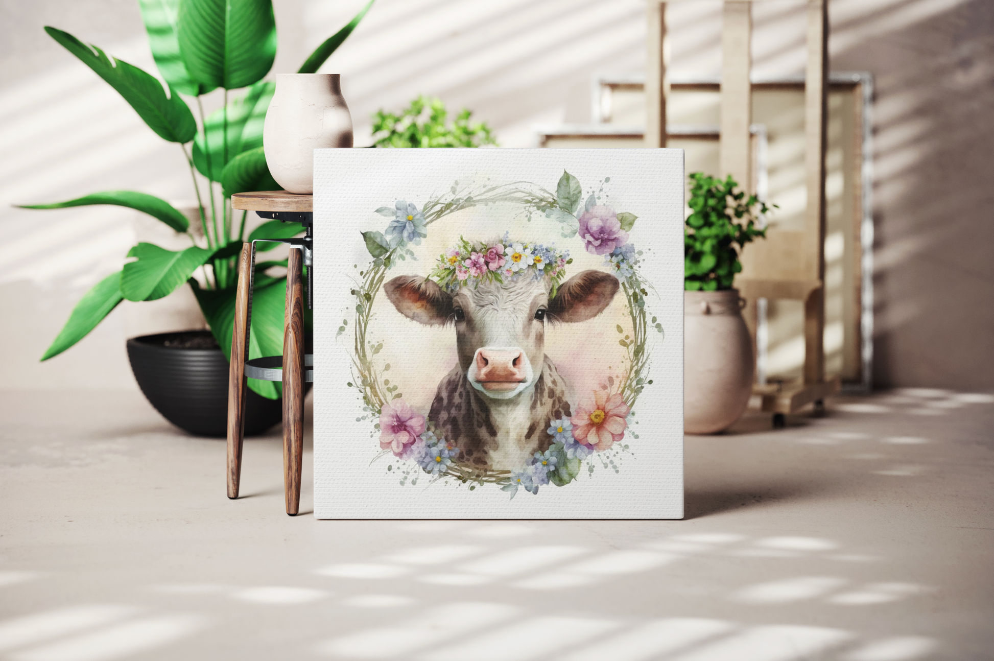 floral wreath cow canvas wall art, floral cow canvas decor