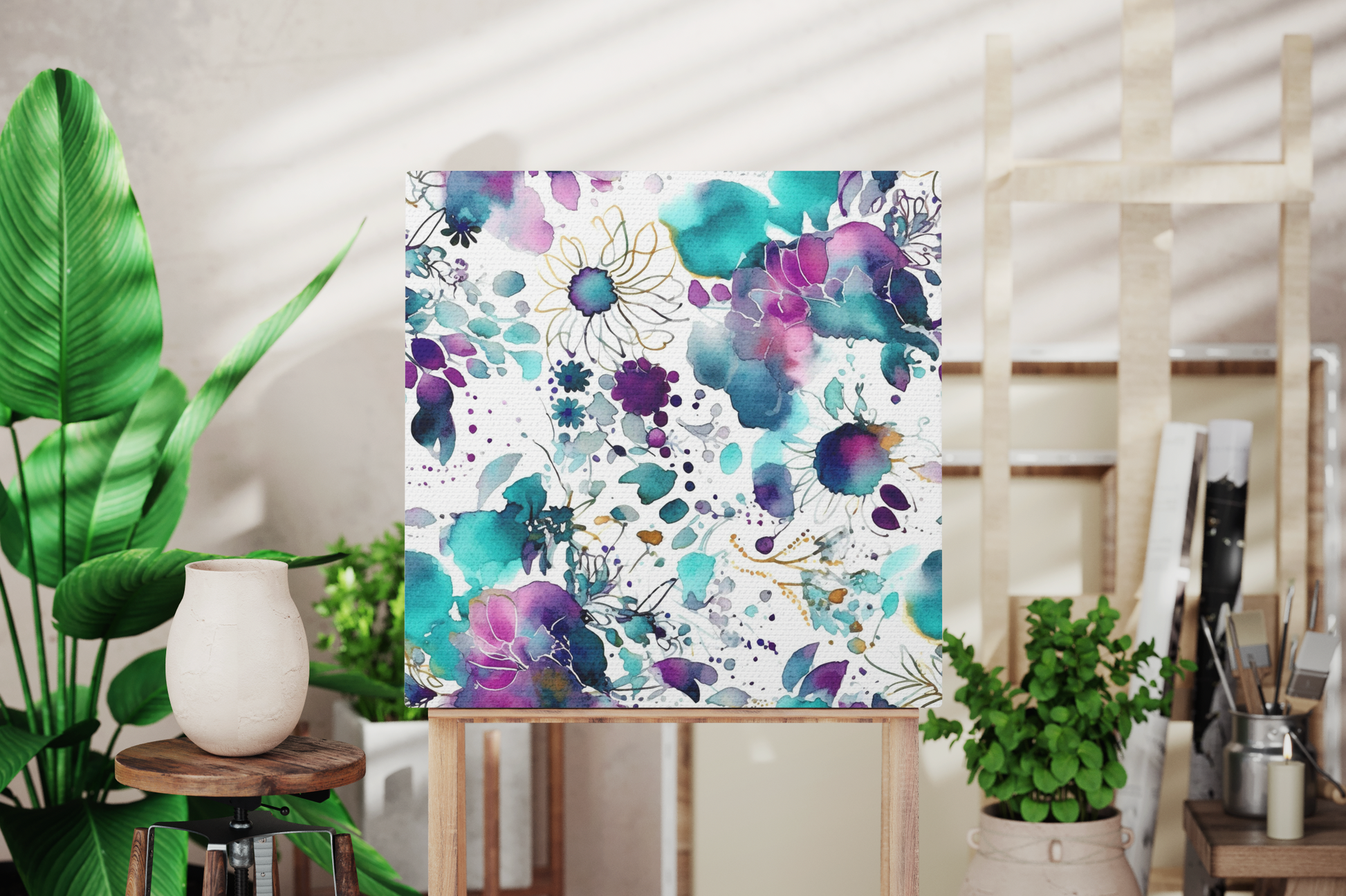 purple and green fluid ink canvas, green and purple alcohol canvas art, abstract floral canvas decor