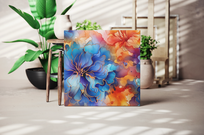 blue and orange marble ink canvas, orange and blue abstract floral canvas decor, orange fluid ink canvas, blue alcohol ink canvas 
