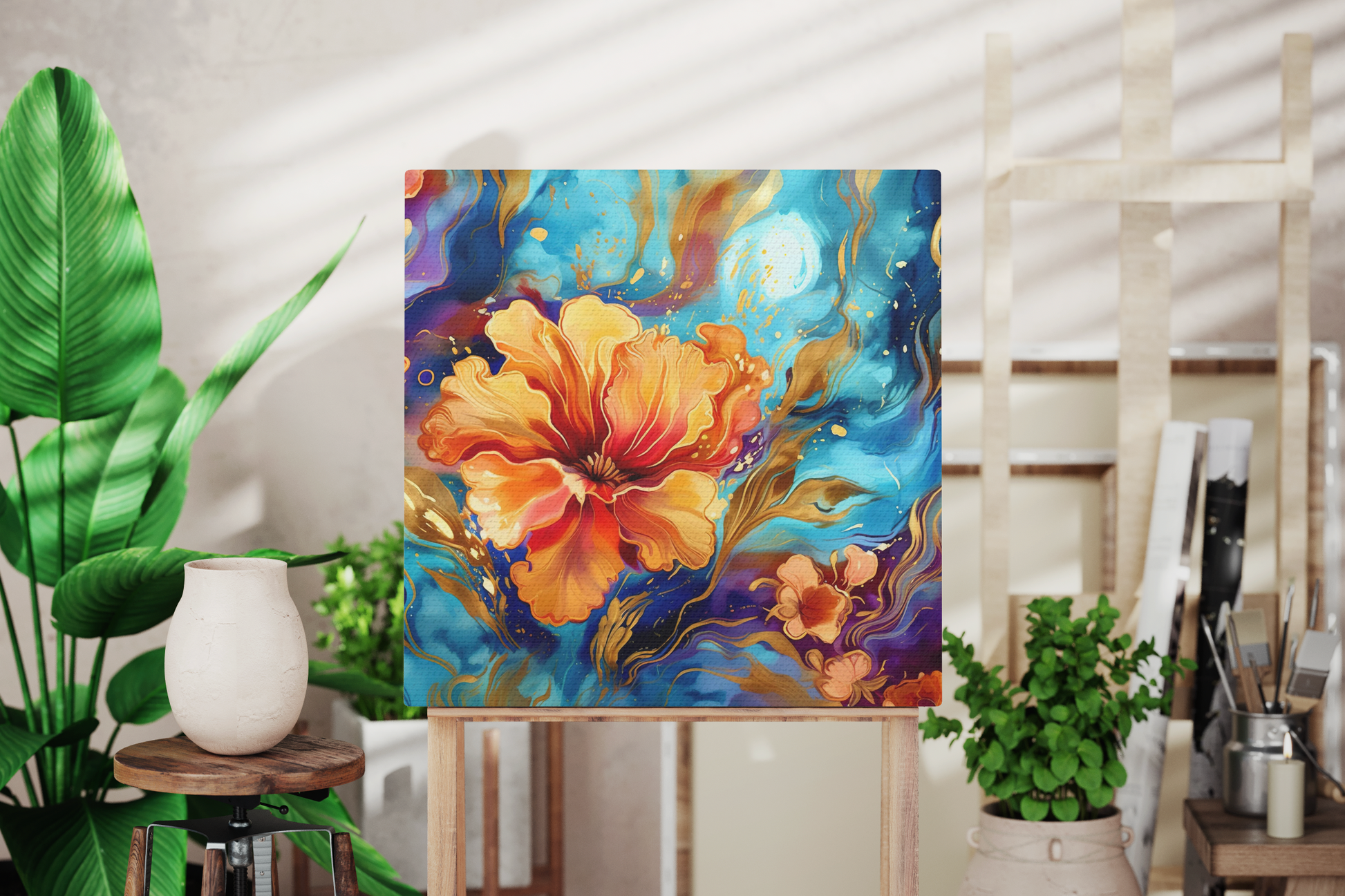 orange floral abstract canvas art, blue and orange alcohol ink canvas, orange and blue fluid ink canvas decor