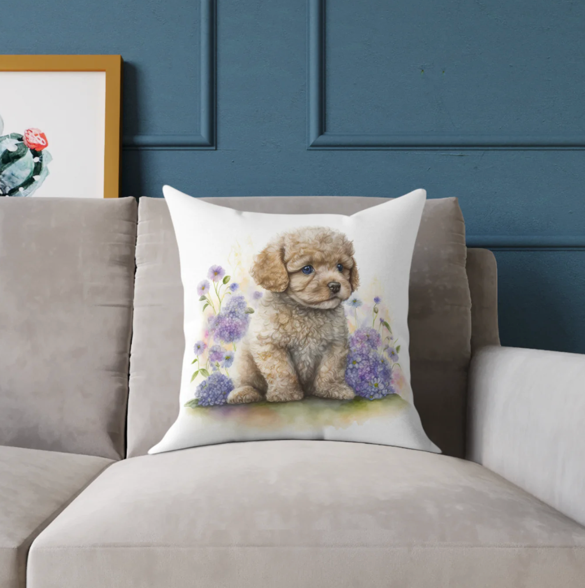 puppy throw pillow, puppy accent pillow, floral accent pillow, floral throw pillow, golden doodle puppy pillow, poodle puppy pillow