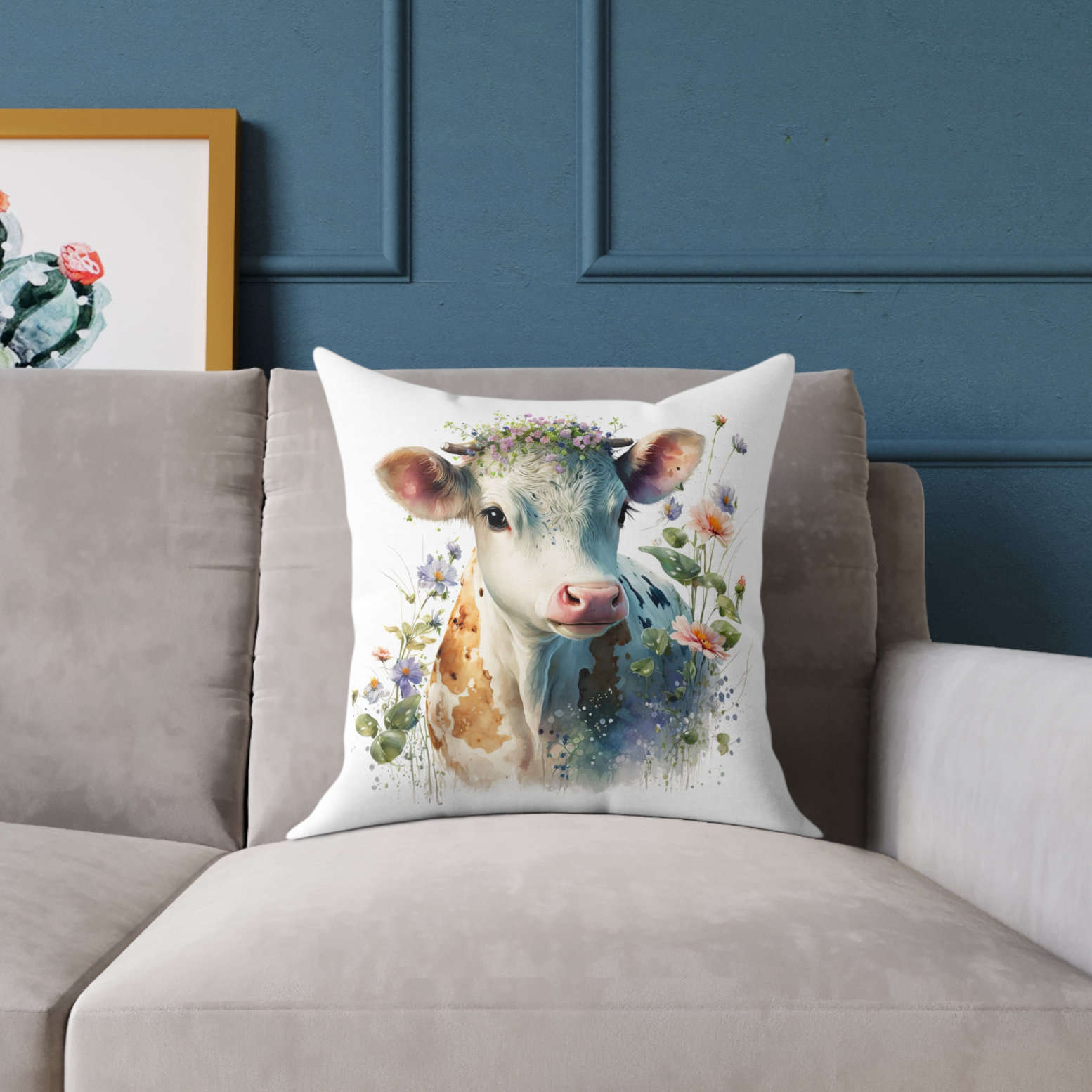 cow pillow on a couch, cow throw pillow decorating a chair, cow accent pillow lying on a lounger, cow theme room decor 