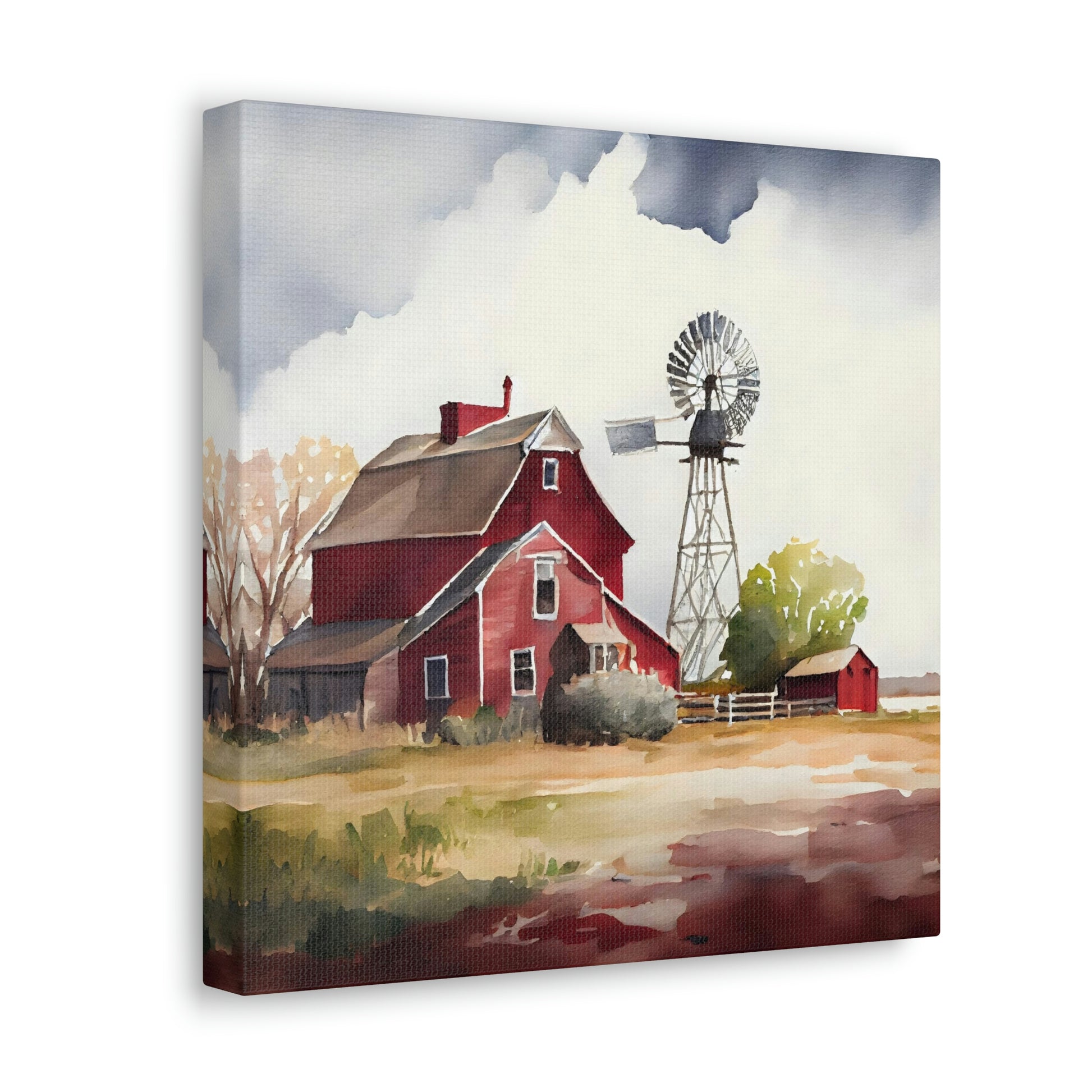 farmhouse theme canvas room decoration, red barn canvas art displayed in a studio, farm artwork on a canvas in a living room 