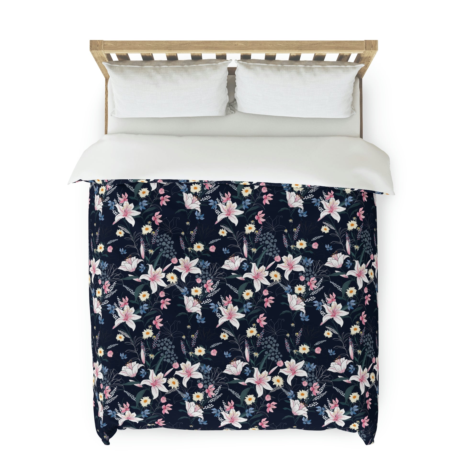 navy Blue & Pink Floral Pattern Duvet Cover lying on a bed, microfiber duvet cover bedroom accent