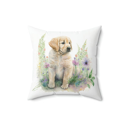 golden retriever accent pillow sitting on a chair, golden retriever puppy pillow displayed on a couch, golden retriever dog pillow on a sofa lounger, square shape puppy throw pillow on a cushion