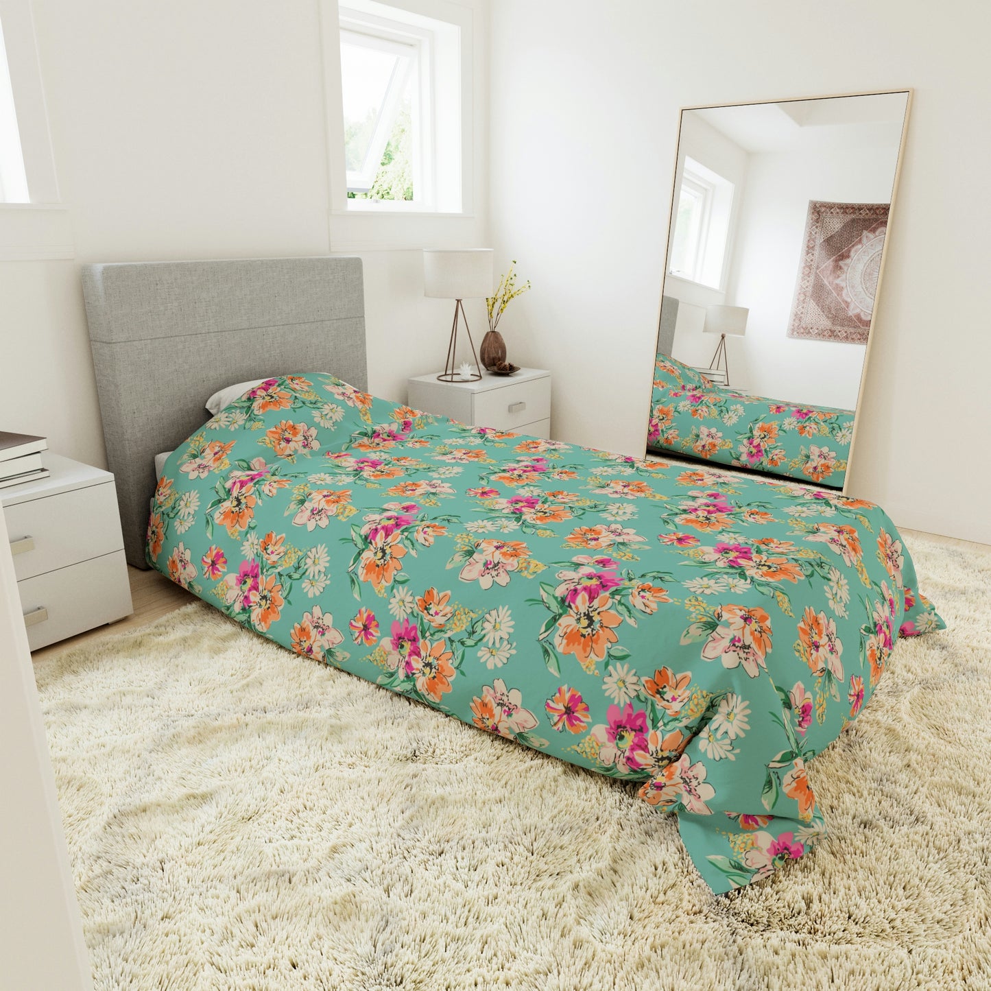 Mint Green Pink Orange Floral Pattern Duvet lying on a bed, microfiber floral duvet cover bedroom accent