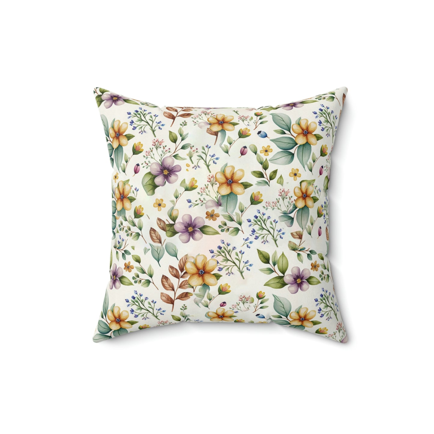 purple and yellow flower pattern on an accent throw pillow sitting on a living room couch, purple flower pillow on a chair, yellow flower print on a throw pillow