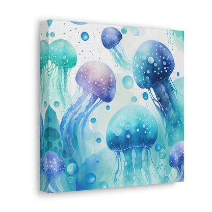 blue watercolor jellyfish canvas wall art, blue and green jellyfish wall decor ocean theme nautical room, coastal jellyfish art