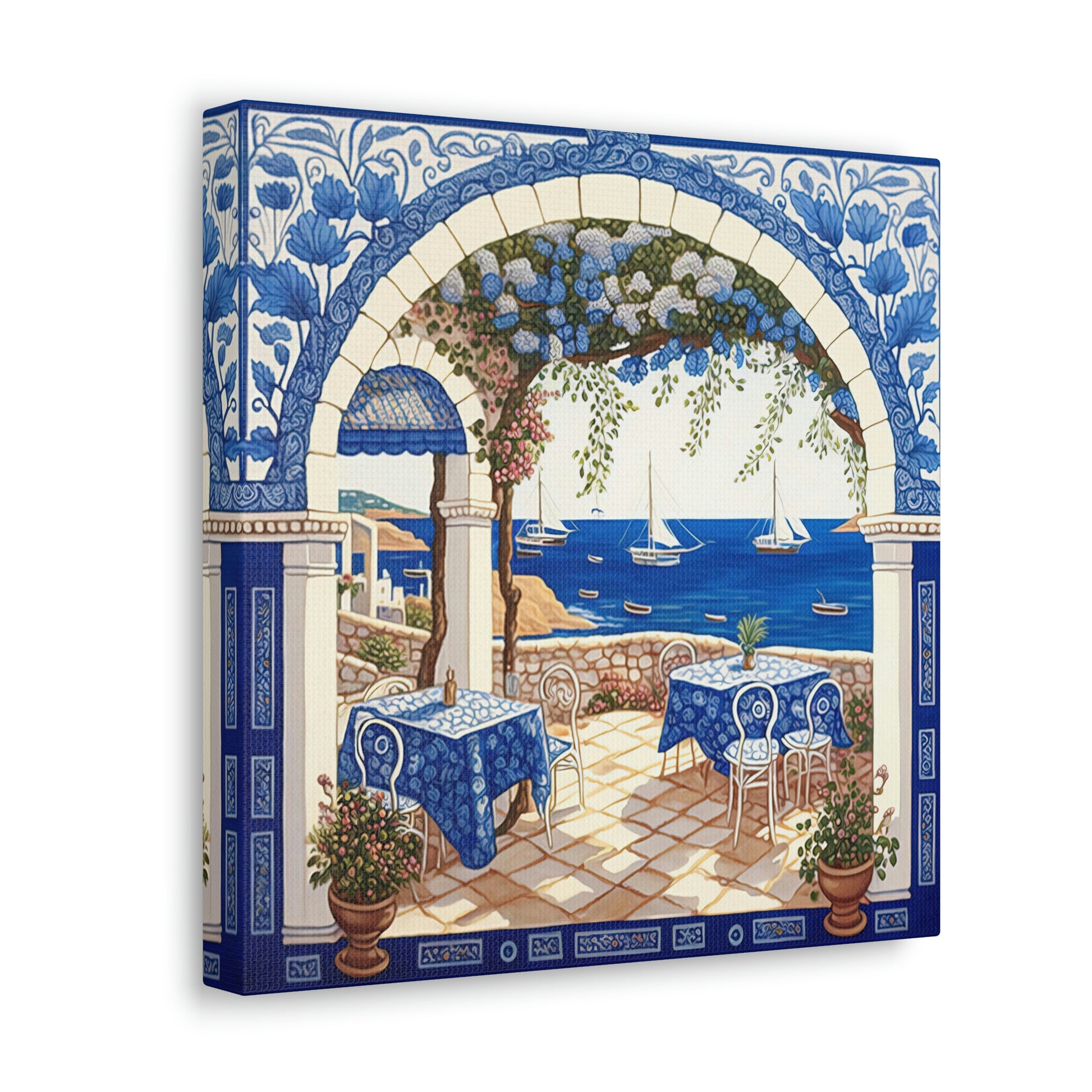Greek canvas art, mediterranean ocean view canvas wall hanging in a coastal theme room, greek cafe canvas coastal wall decor, blue cafe canvas print with a greek cafe 