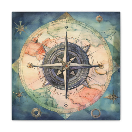 Nautical Blue Compass Map Canvas - Vintage Compass Canvas Art Print