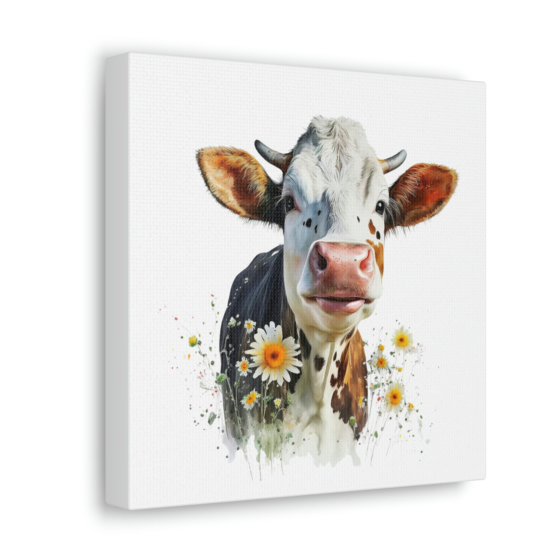 cow canvas wall art, cow canvas with floral design, rustic western style cow canvas, floral cow art print, brown cow canvas wall decor
